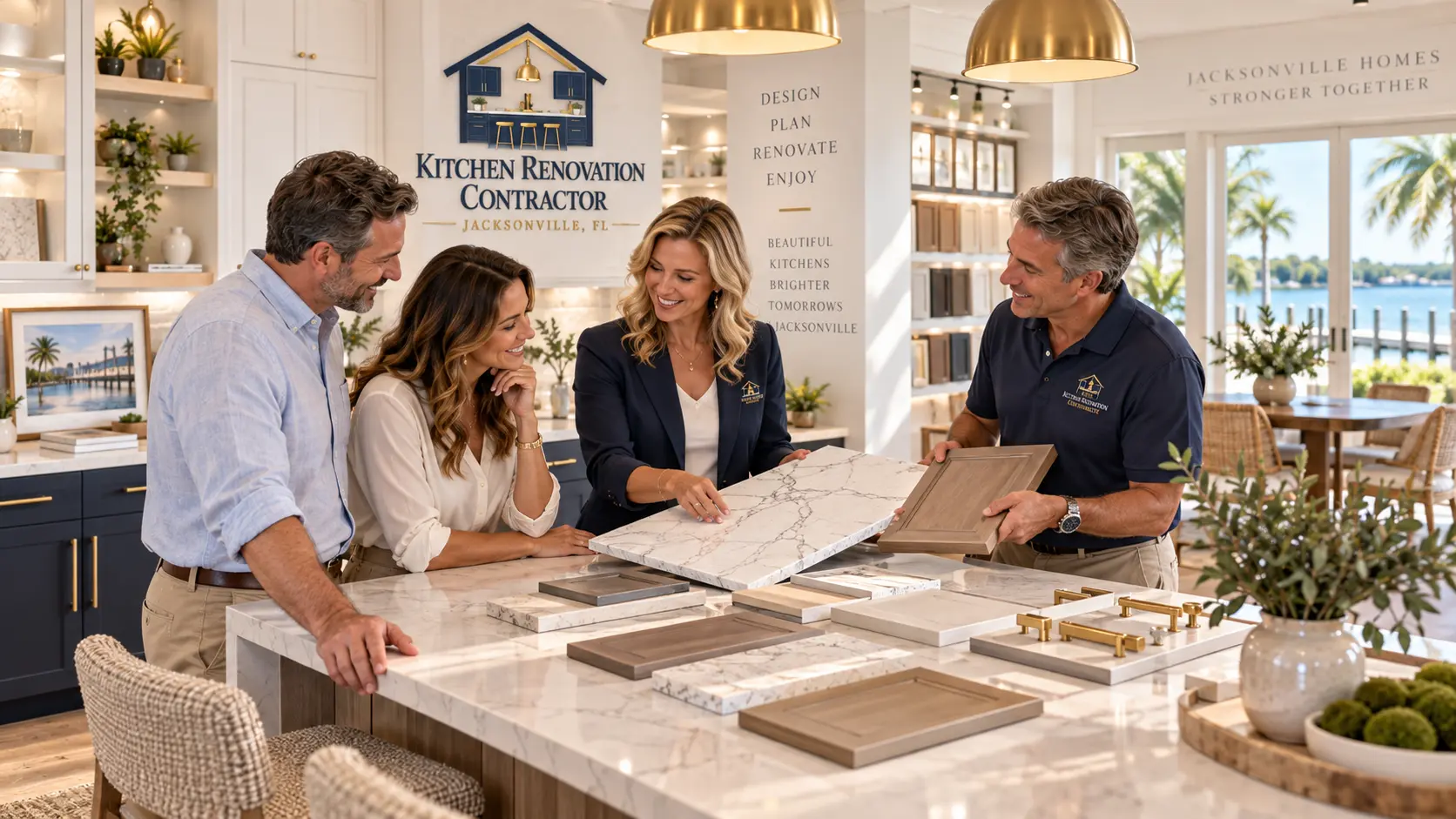 Homeowners reviewing kitchen renovation plans and material samples with a designer